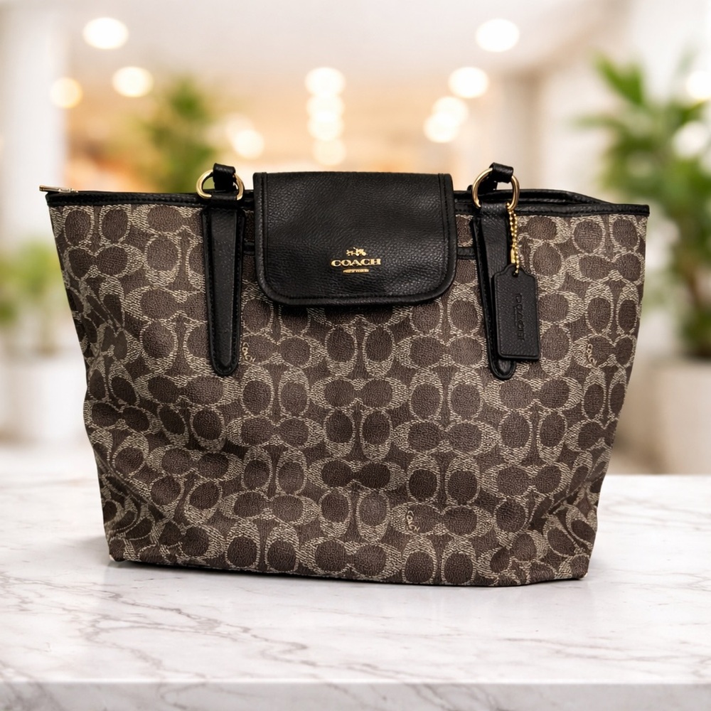 Coach Brown Signature Canvas Tote with Black Leather Trim